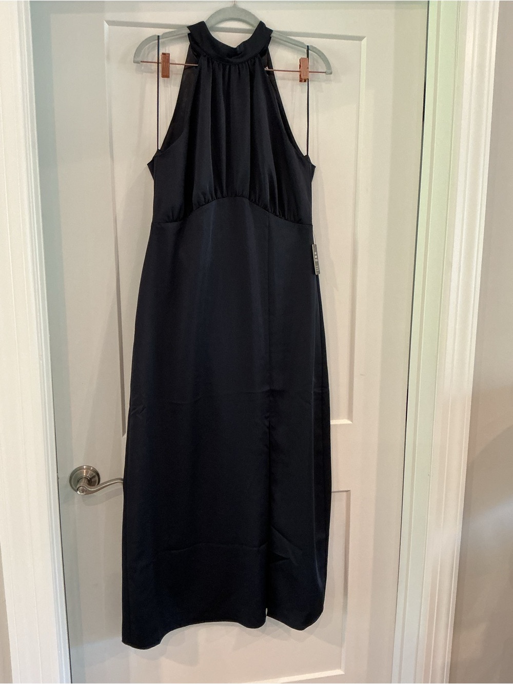 Express Formal Navy Halter Maxi Dress, Side Slit, Empire Waist, Back Zip, Med.